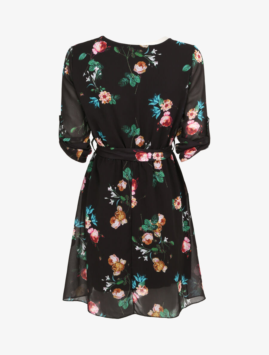 Robe imprimé roses sauvages à col cache-coeur - Noir - 2