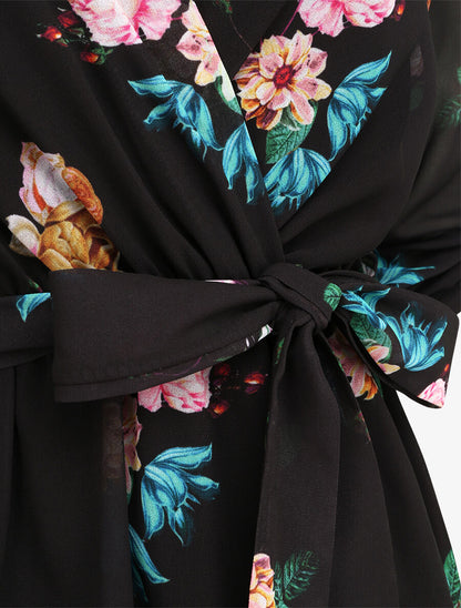 Robe imprimé roses sauvages à col cache-coeur - Noir - 3