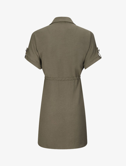 Robe chemise courte oversize unie à manches courtes - Kaki - 2