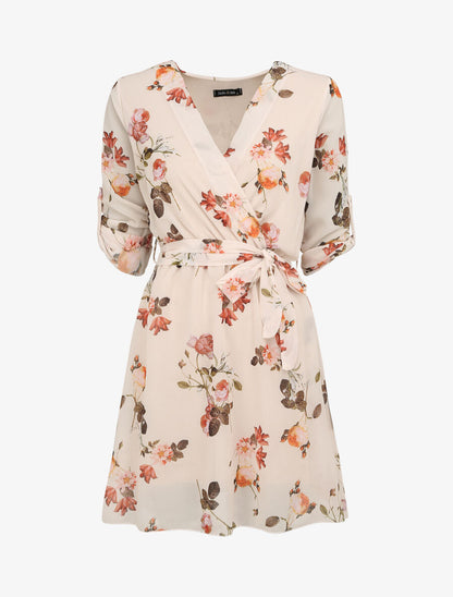 Robe imprimé roses sauvages à col cache-coeur - Beige - 5