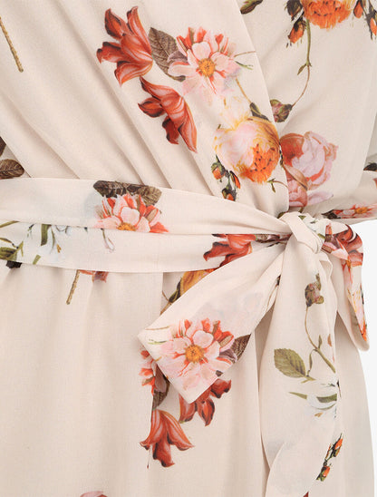 Robe imprimé roses sauvages à col cache-coeur - Beige - 3