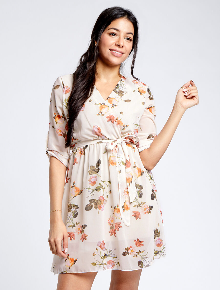 Robe imprimé roses sauvages à col cache-coeur - Beige - 4