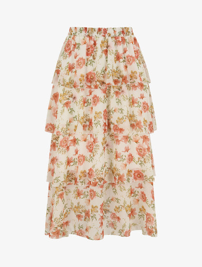 Jupe longue à volants et imprimé fleuri - Beige - 1