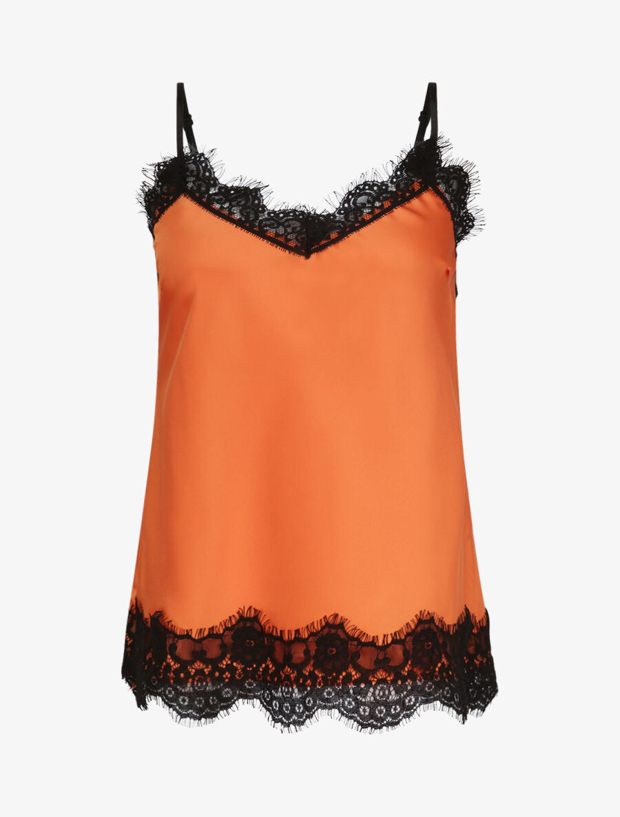 Caraco droit satiné à col et bord en dentelle - Orange - 1