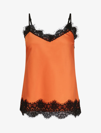 Caraco droit satiné à col et bord en dentelle - Orange - 1
