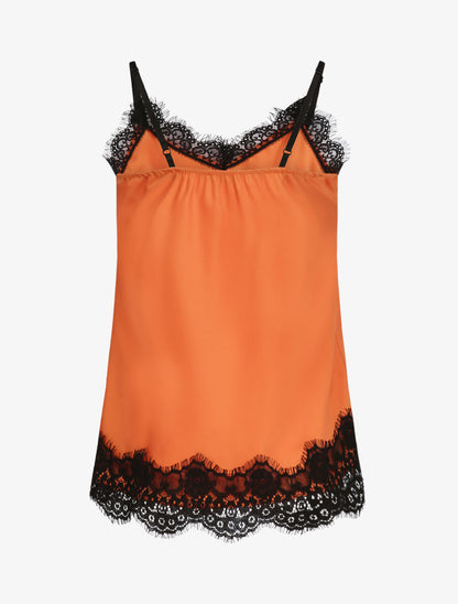 Caraco droit satiné à col et bord en dentelle - Orange - 2
