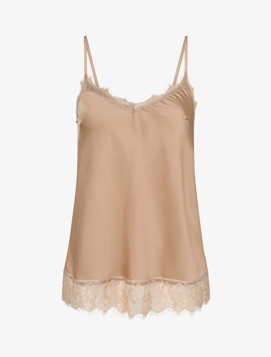Caraco droit satiné à bords en dentelle - Beige - 1