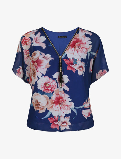 Top boule imprimé pivoines à zip - Bleu roi - 4