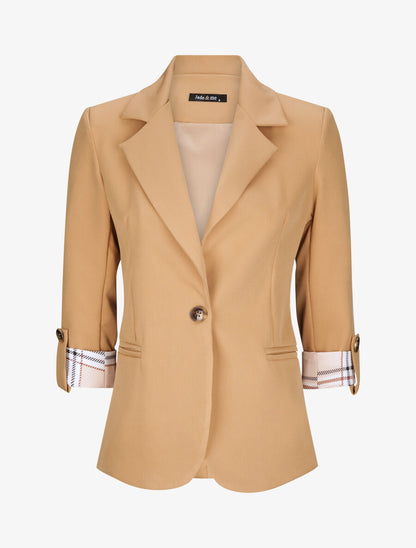 Blazer droit uni manches 3/4 à revers carreaux - Camel - 1