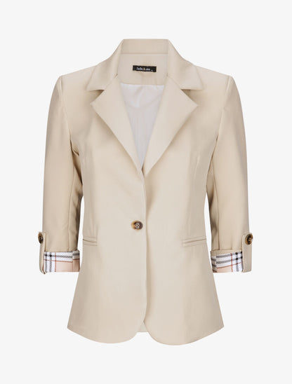 Blazer droit uni manches 3/4 à revers carreaux - Beige - 4