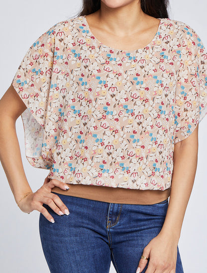 Top boule imprimé fleurs stylisées - Beige - 1
