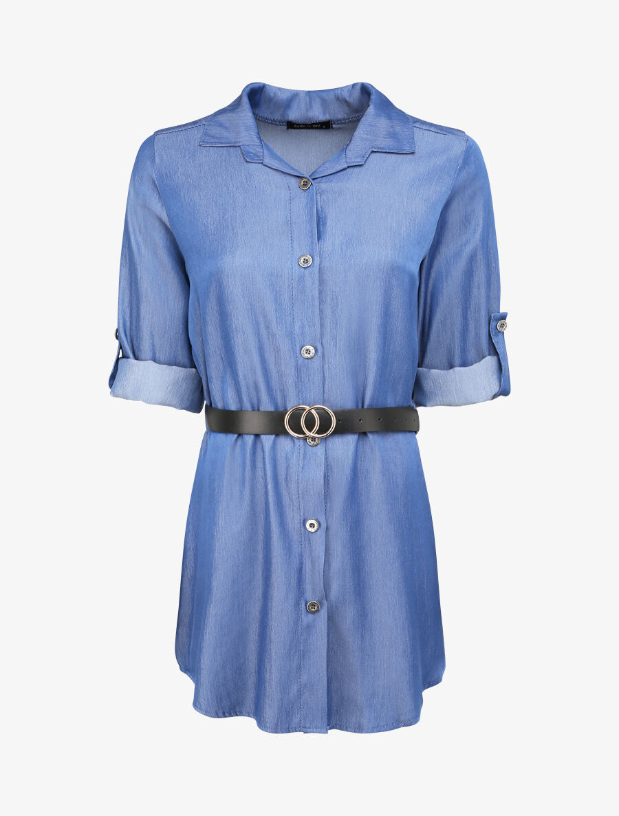 Robe chemise droite unie - Bleu denim - 1