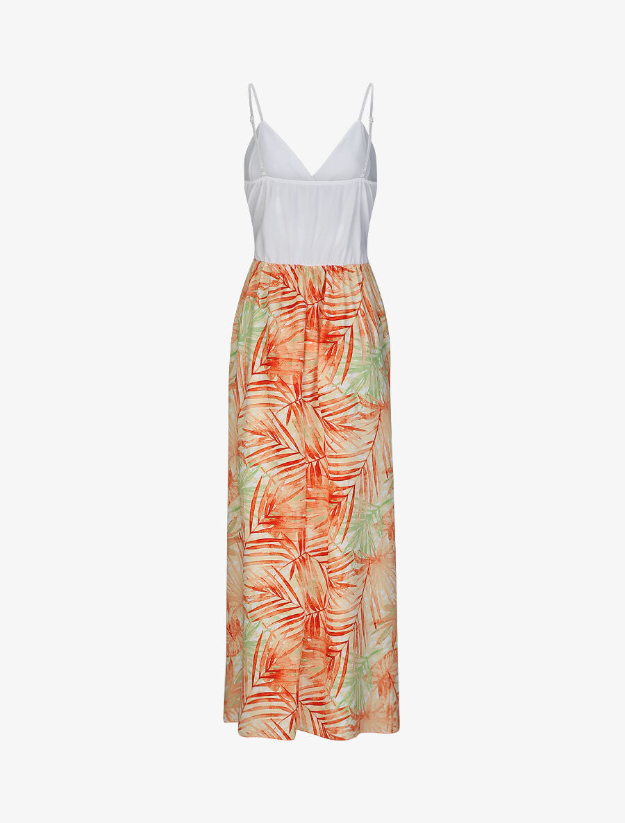 Robe longue empire imprimé plantes tropicales et buste dentelle - Jaune - 2