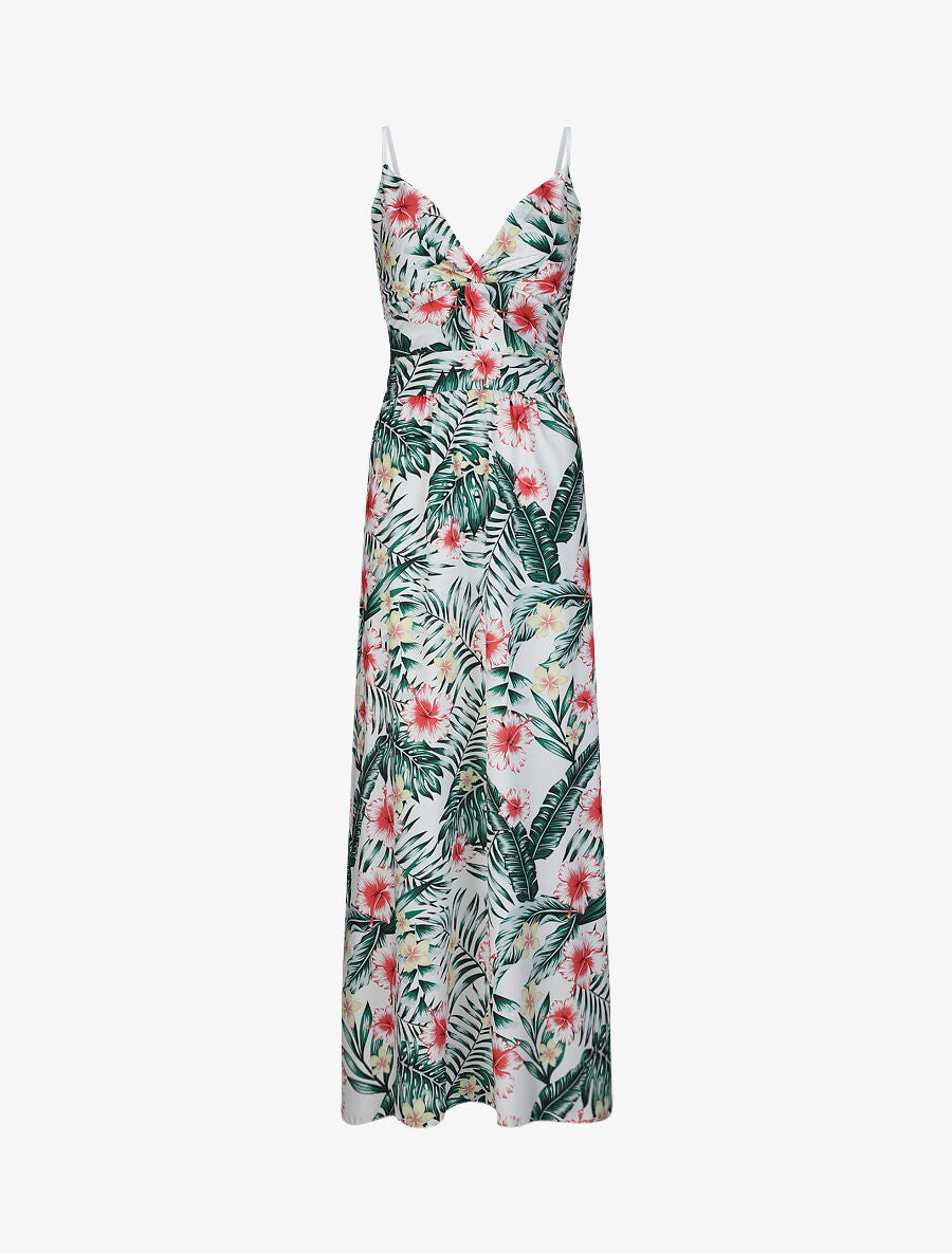 Robe longue évasée imprimé hibiscus col à noeud - Blanc - 1