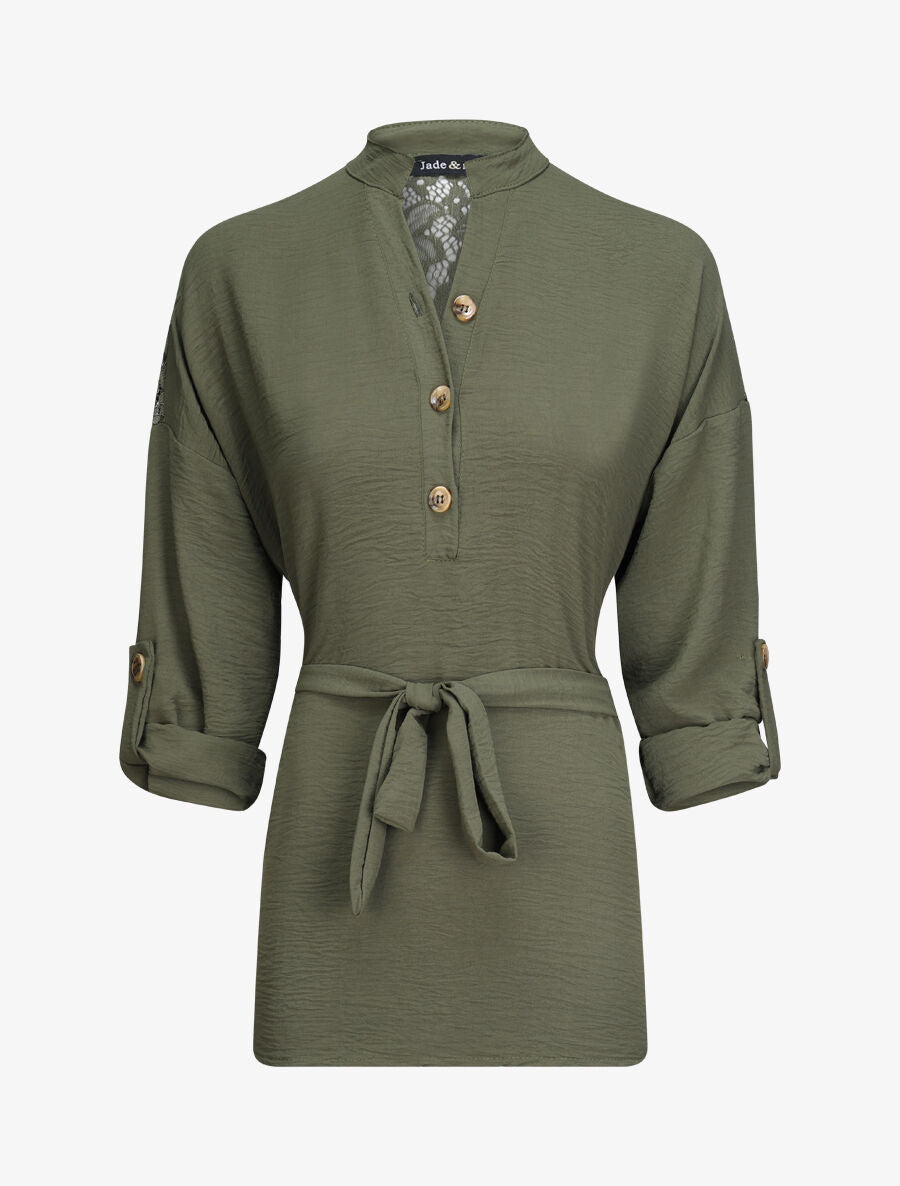 Tunique style chemise à détail dentelle - Kaki - 4