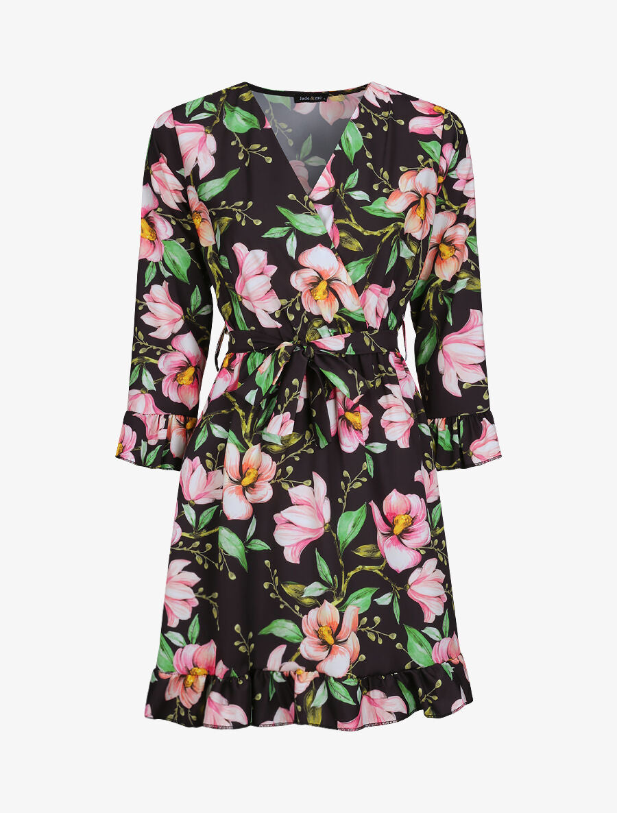 Robe imprimé fleurs printanières à manches et bords volantés - Noir - 1