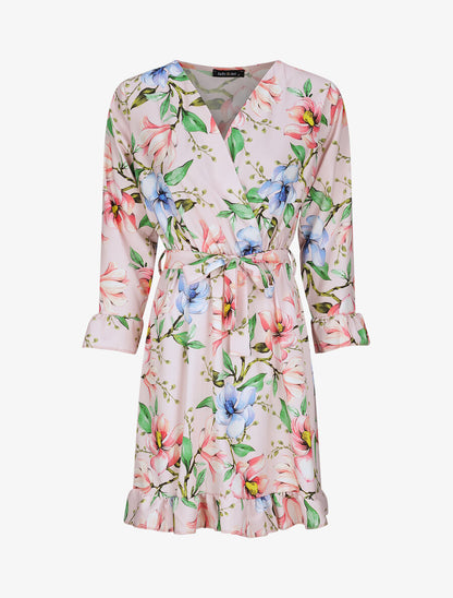 Robe imprimé fleurs printanières à manches et bords volantés - Rose - 5