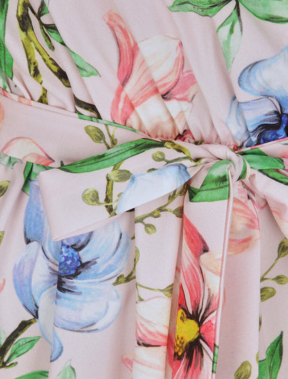 Robe imprimé fleurs printanières à manches et bords volantés - Rose - 4