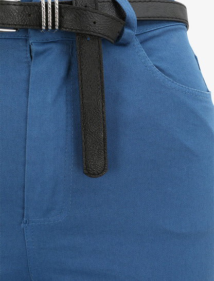 Pantalon uni à revers - Bleu - 3