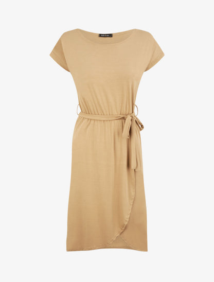 Robe mi-longue cintrée style portefeuille - Camel - 4