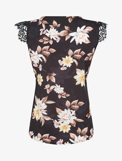 Top satiné imprimé fleurs de lotus à détail dentelle - Noir - 2