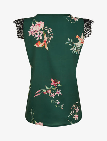 Top satiné imprimé fleurs de lys à détail dentelle - Vert émeraude - 2