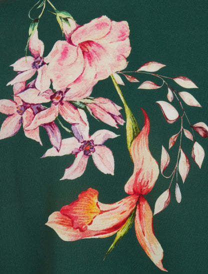 Top satiné imprimé fleurs de lys à détail dentelle - Vert émeraude - 3