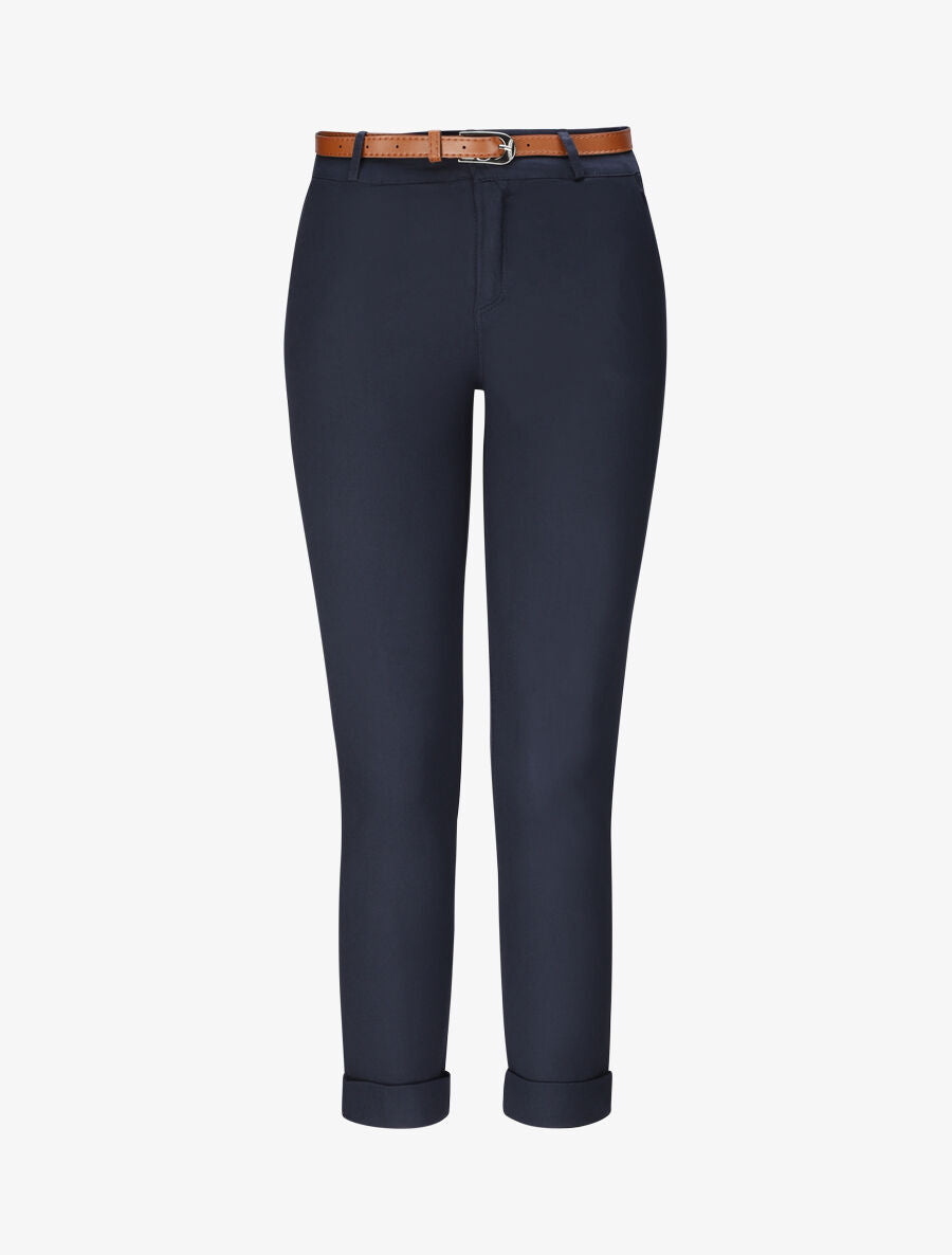 Pantalon chino taille haute uni en coton mélangé - Marine - 4