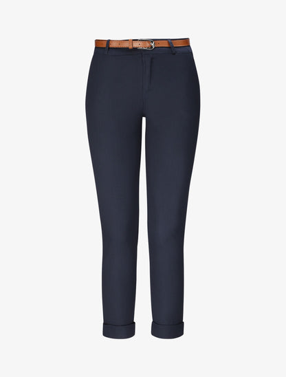 Pantalon chino taille haute uni en coton mélangé - Marine - 4