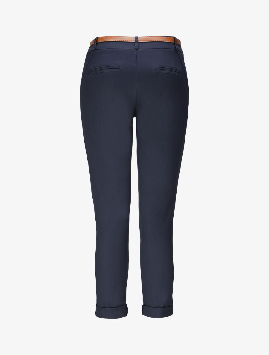 Pantalon chino taille haute uni en coton mélangé - Marine - 2