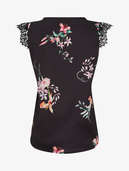 Top satiné imprimé fleurs de lys à détail dentelle - Noir - 2
