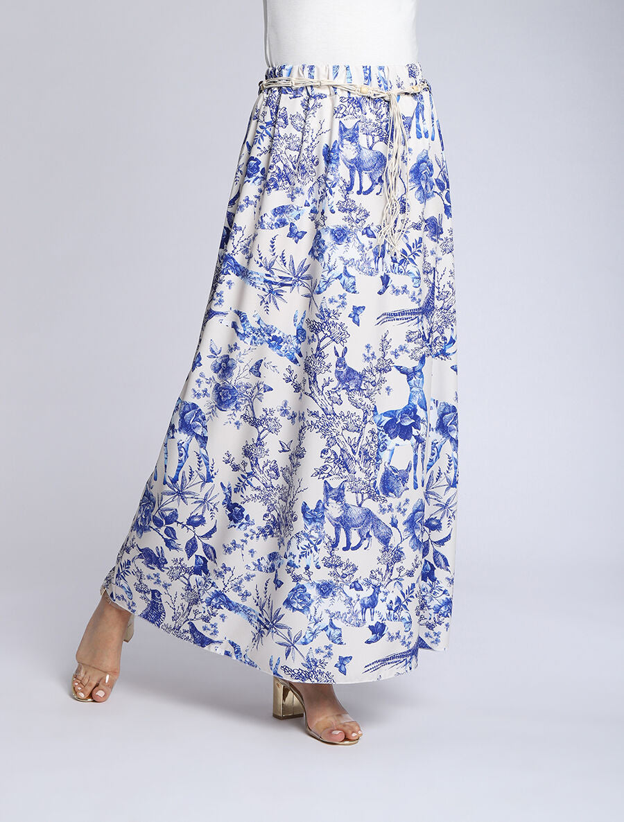Jupe longue évasée imprimé toile de jouy - Bleu - 4