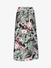 Jupe mi-longue à couture en V imprimé plantes tropicales - Noir - 4