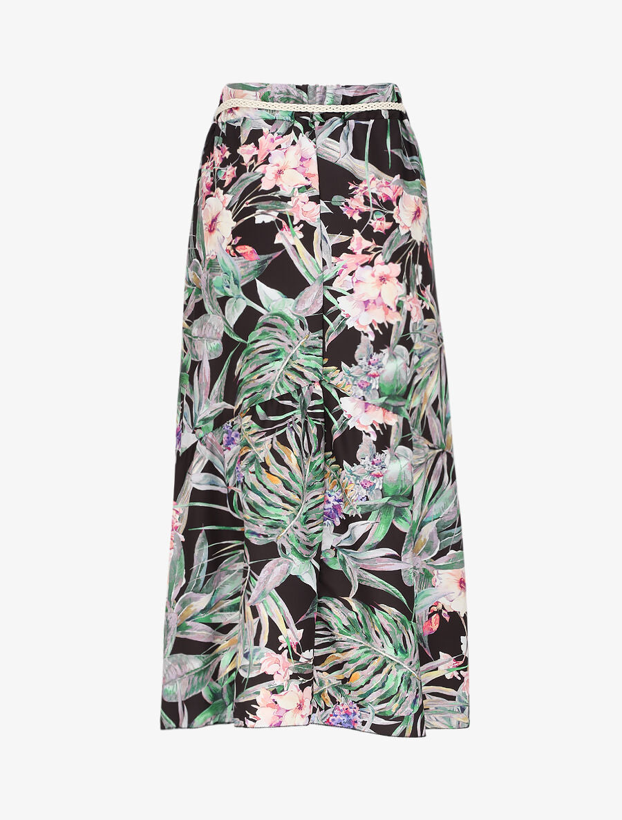 Jupe mi-longue à couture en V imprimé plantes tropicales - Noir - 2