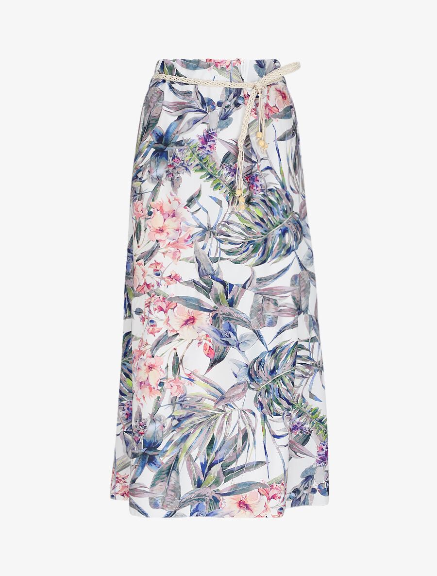 Jupe mi-longue à couture en V imprimé plantes tropicales - Blanc - 1