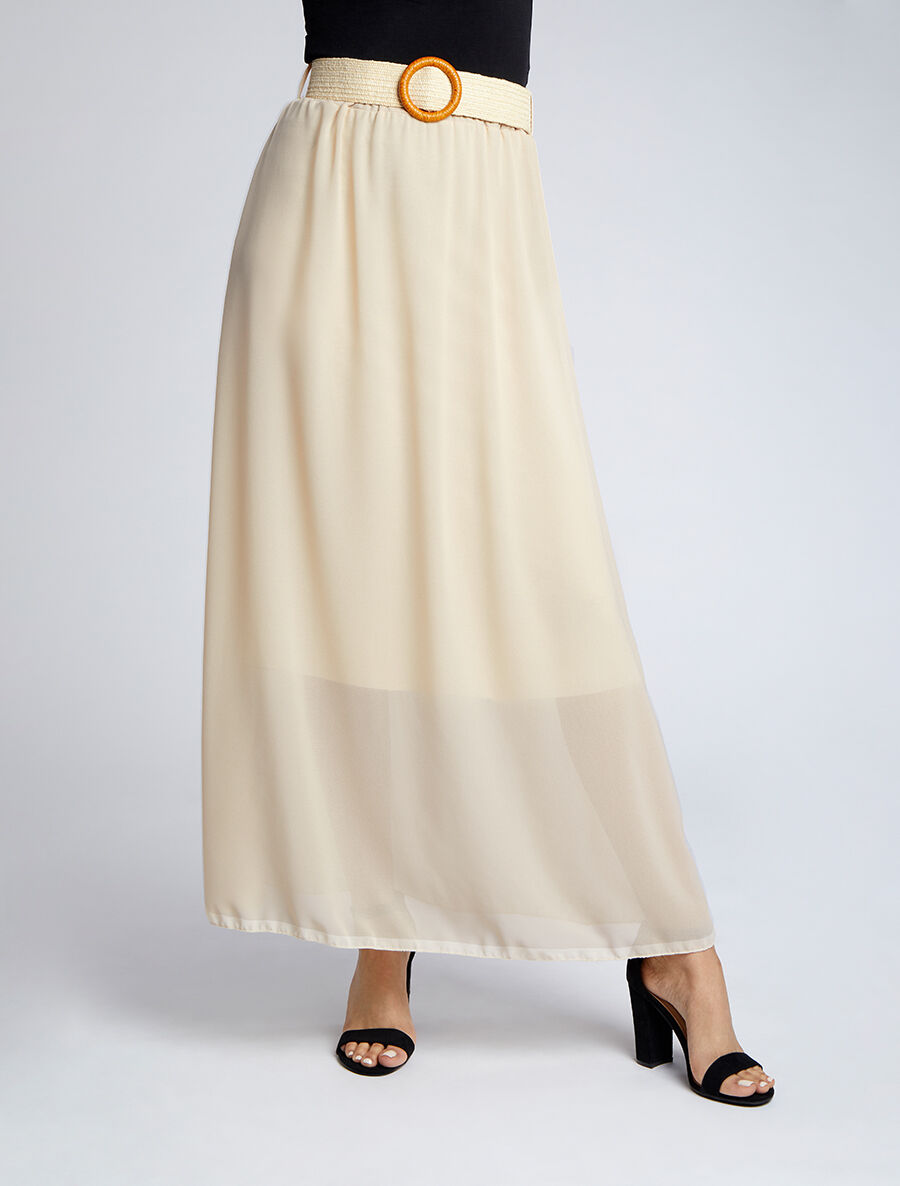 Jupe longue évasée en voile uni - Beige - 4
