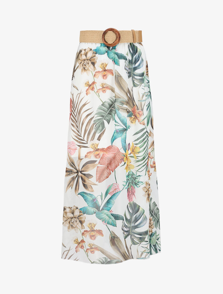 Jupe longue en voile imprimé fleurs tropicales - Blanc - 1