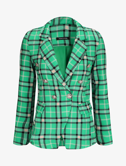 Blazer croisé à épaulettes imprimé carreaux - Vert - 3