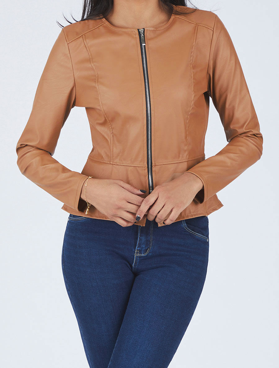 Veste zippée en simili - Camel - 5