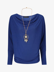 Pull uni à col bénitier et sautoir - Bleu électrique - 5