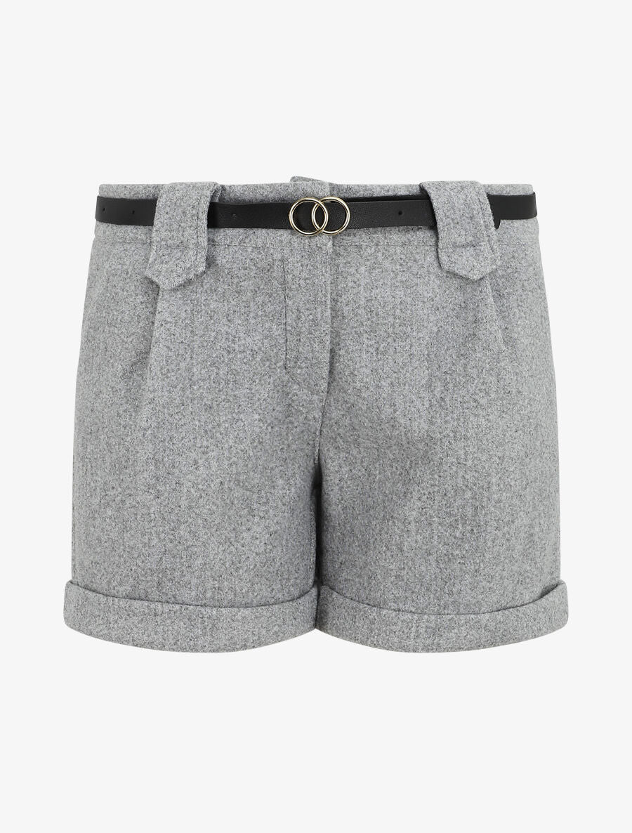 Short uni droit en laine mélangée - Gris - 1