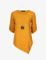 Pull asymétrique à manches rabattables - Jaune moutarde - 1