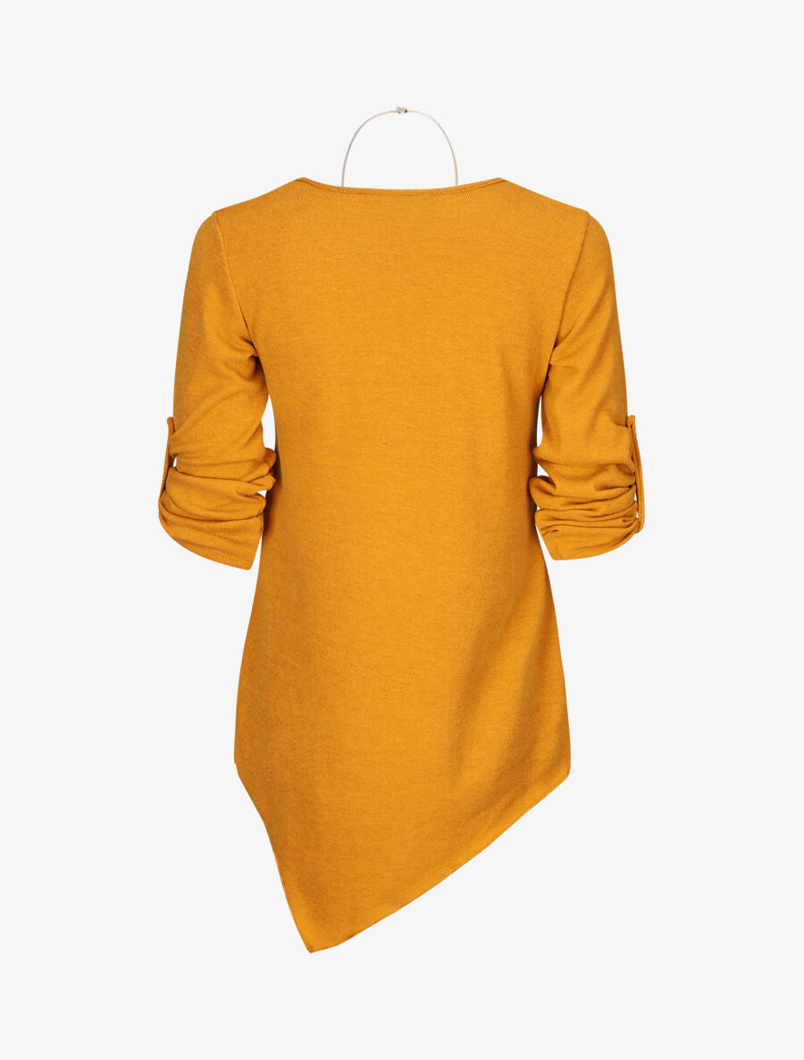 Pull asymétrique à manches rabattables - Jaune moutarde - 2
