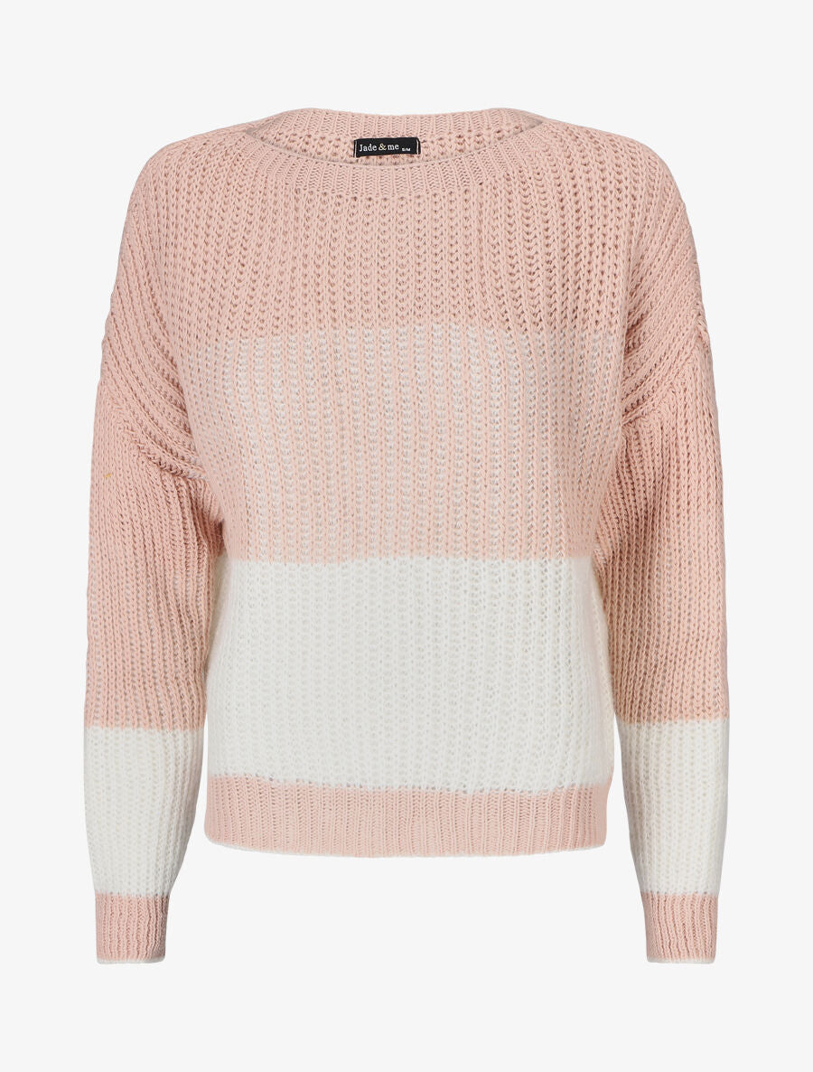 Pull en grosse maille bicolore - Rose - 1