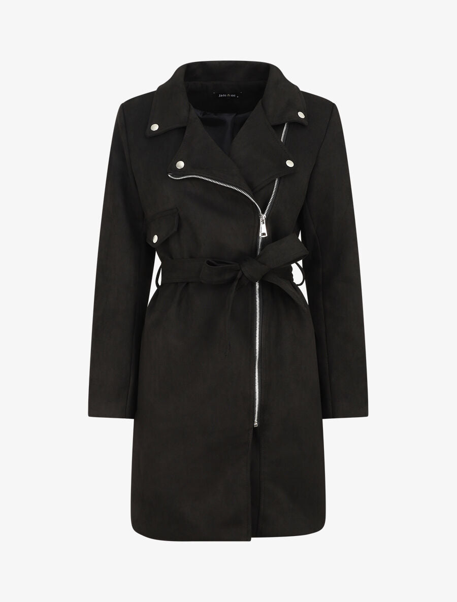 Trench mi-long zippé en suédine - Noir - 5