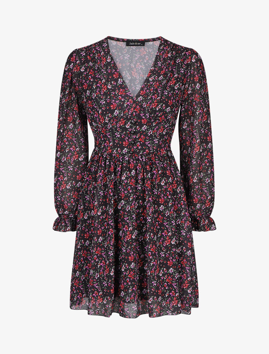 Robe courte patineuse à fleurs - Noir - 1