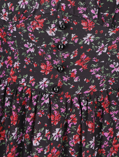 Robe courte patineuse à fleurs - Noir - 3