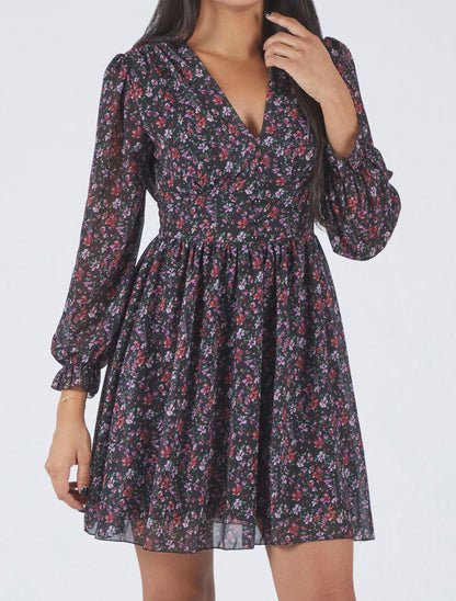 Robe courte patineuse à fleurs - Noir - 4
