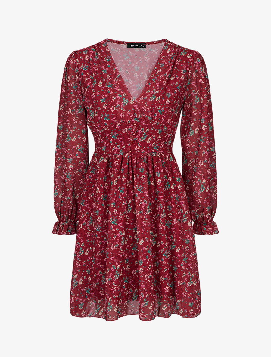 Robe courte patineuse à fleurs - Bordeaux - 1