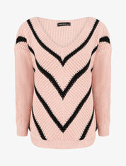 Pull en maille imprimé rayures en V - Rose - 1